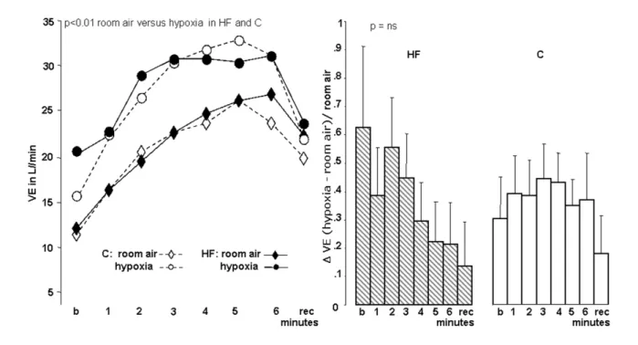 Figure 1 - Ventilation of control (C) and heart failure (HF) patients with room air and hypoxia