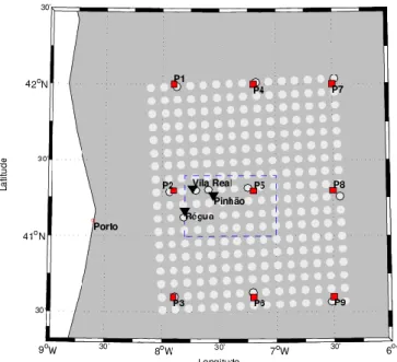 Figure 4 – Map of the Douro Valley sector (blue dashed box), including the 9 grid points of ERA- ERA-Interim reanalysis (red), the 270 grid points of the  WRF model simulation (white, black border denotes 