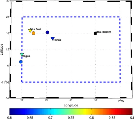 Figure 22 – Map of the Douro Valley (blue dashed box) and correlations of the seasonally-adjusted  daily Tmin time series of the WRF model (circles) and the statistically downscaled ERA-Interim time 