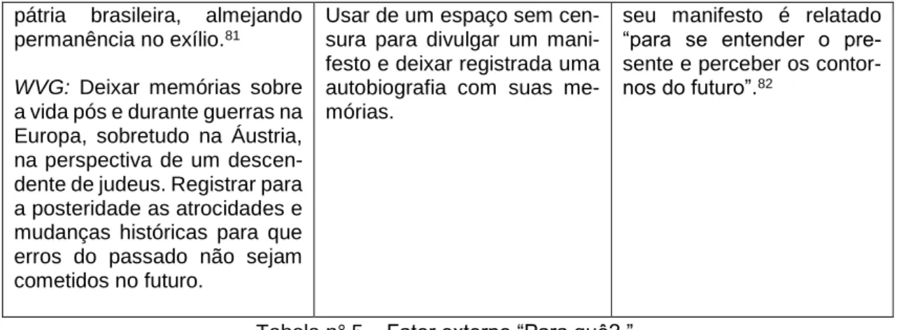 Tabela n° 5 – Fator externo “Para quê? ”. 