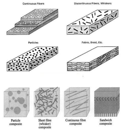 Figura 2.3. Alguns exemplos sobre a distribuição e forma do material de reforço. 