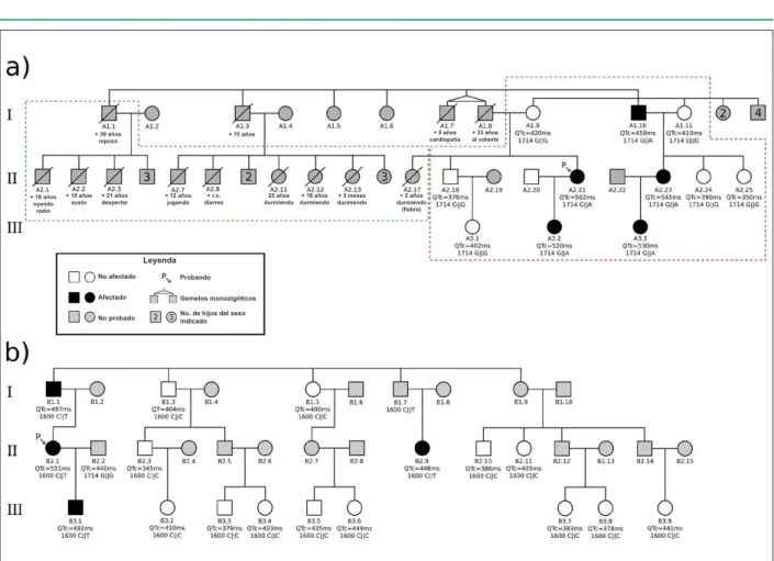Fig. 2 - Electrocardiogramas de las probandas de las familias A (paciente A2.21) y B (paciente B2.1)