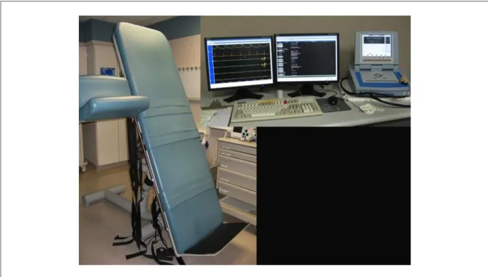 Figure 1 -  Table tilted at an angle of 70 degrees, with footrest and rest for the upper limb in which the BP will be measured