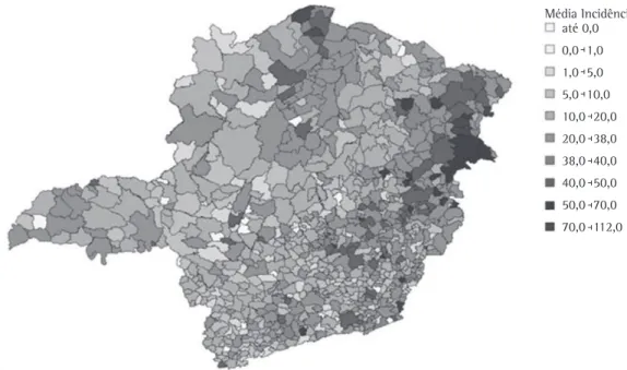 Figura 1 - Distribuição espacial da média de incidência de tuberculose em Minas Gerais por municípios, 