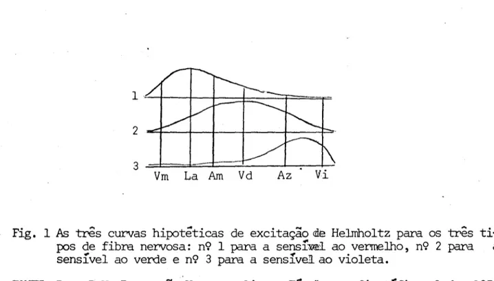 Fig.  1  As  três  curvas  hipotéticas  de  excitação  cle  Helrrihol tz  para  os  três  ti- ti-pos  de  fibra  nervosa:  n9  1  para  a  sensí~  ao  vermelho,  n9  2  para  a  sensível  ao  verde  e  n9  3  para  a  sensíve1ao  violeta