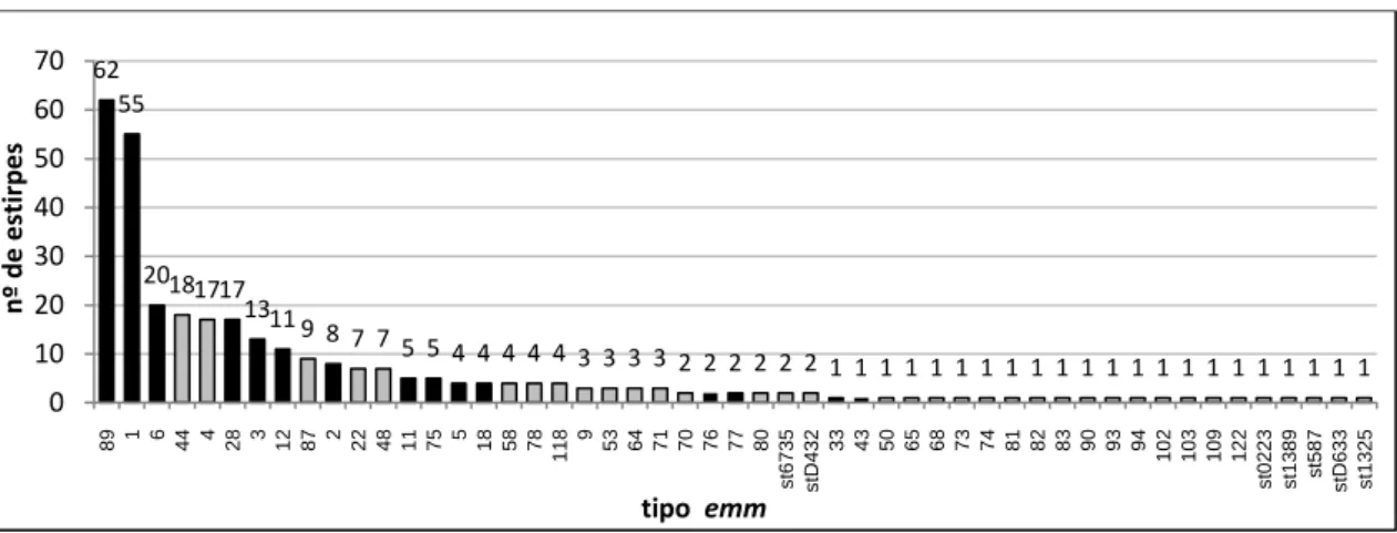 Figura 5. Tipos emm mais prevalentes na população. As barras a preto correspondem aos tipos emm incluídos na  futura  vacina  26-valente