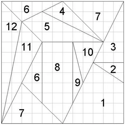 Figura 1.3: Uma das possibilidades de montagem das pe¸cas do L´oculos [7] A pesquisa de Netz faz crer que o L´oculos n˜ao era apenas um jogo de entreterimento mas um rigoroso experimento de estudo de Arquimedes sobre a An´alise Combinat´oria
