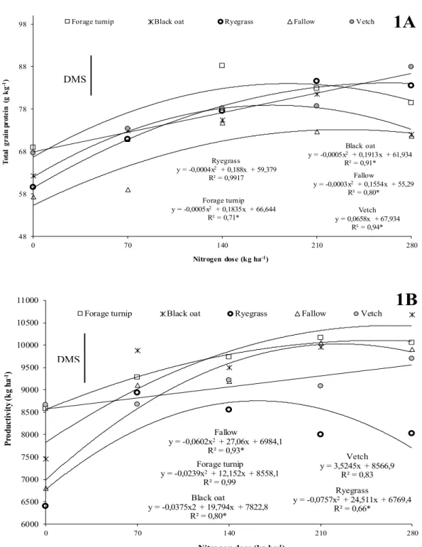 Figure 1. Total  grain  protein  (1A)  and  maize  yield  (1B)  as  a  result  of  cover crops, fallow  period and nitrogen doses (0, 70, 140, 210 and 280 kg ha -1 ) applied in maize top-dressing