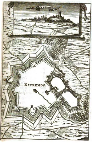 Figura 3  –  Fortificação de Estremoz - Planta de A.M.Mallet. Fonte: Les travaux de Mars… 1671, 211