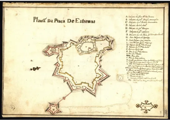 Figura 6  – Fortificação de Estremoz – Planta de João Tomás Correia (1700 a 1705). Fonte: BNP, (cota  D.A.7.A.) 