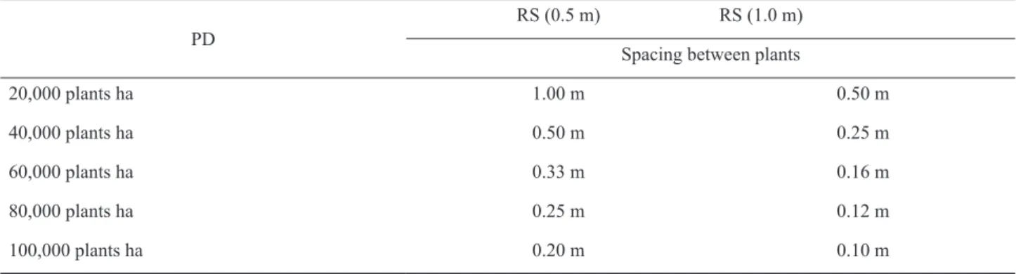Table 1. Arrangement of spacing between plants in the sowing row in relation to the different plant  densities (PD) and row spacing (RS)