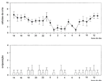 Figura 1. Ritmo circadiano de atividade de voo de forrageiras de  Scaptotrigona aff. depilis, claro constante (Bellusci &amp; Marques,  2001).
