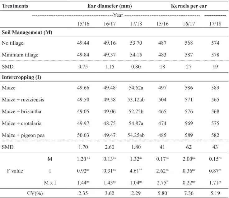 Table 5. Mean values for maize ear diameter and number of kernels per ear as a function of soil  management and maize intercropped in three agricultural years