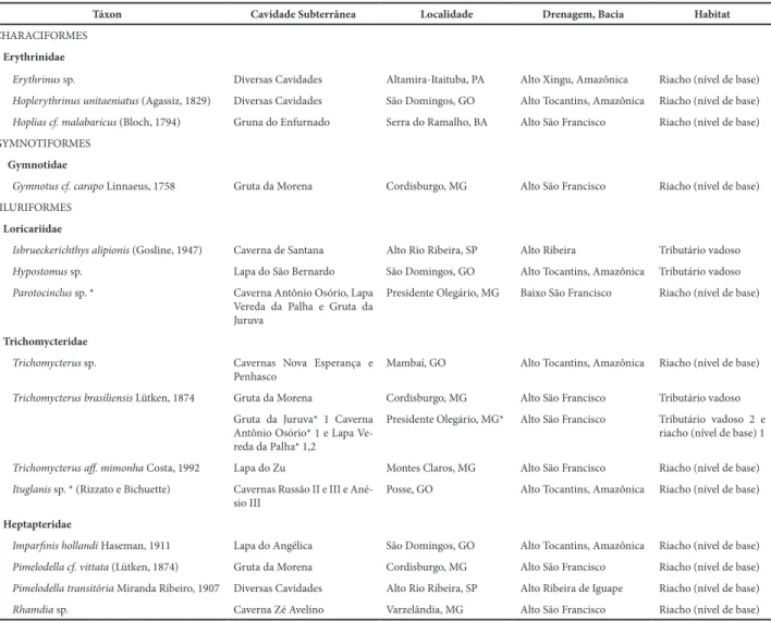 Tabela 2. Lista atualizada das espécies de peixes troglófilos no Brasil, com cavidades subterrâneas (nome da cavidade ou diversas ca- ca-vidades para a área cárstica), localidades (área cárstica ou município, Estado), bacias hidrográficas e tipos de hábita