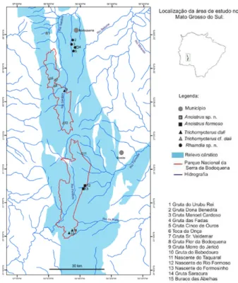 Figura 1. Área de estudo e a distribuição das localidades onde  ocorrem as quatro espécies de peixes troglóbios.