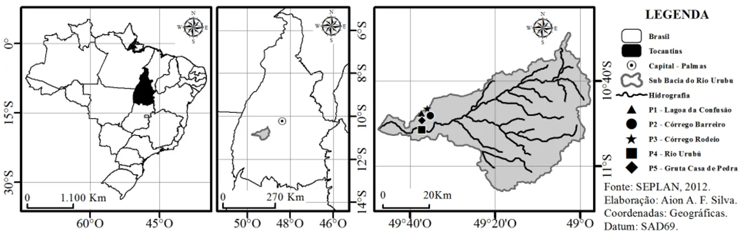 Figura 1. Mapa das localidades amostradas na área cárstica de Lagoa da Confusão – TO. 