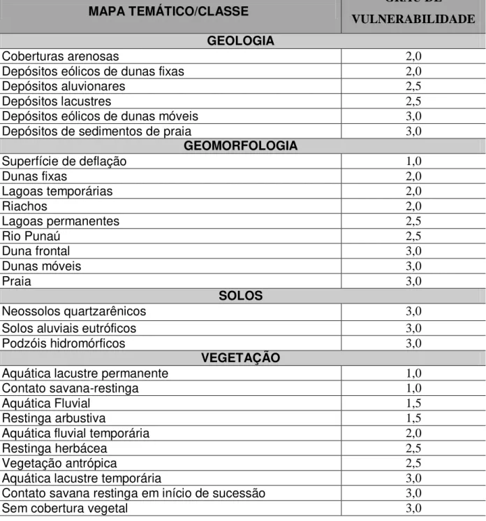 Tabela  4.2  –  Grau de  vulnerabilidade  das  classes  de  cada  tema  abordado  conforme  Crepani (1996)
