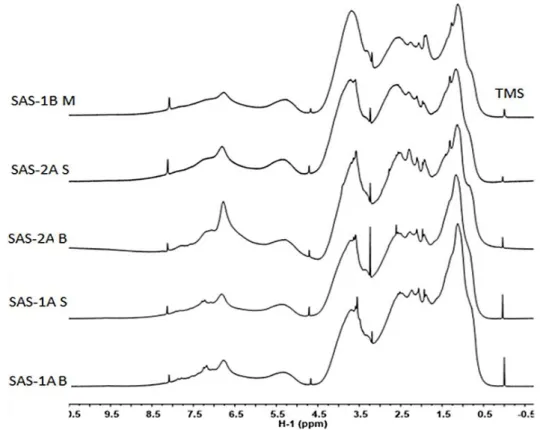 Figure 5 shows the liquid-state 1 H NMR spectra of all PPL-DOM samples. Four main categories of functional groups carrying C-H bonds can be identified in these spectra [44–46]: δ H : 0.6–1.9 ppm (protons bound to carbon atoms of straight and branched aliph