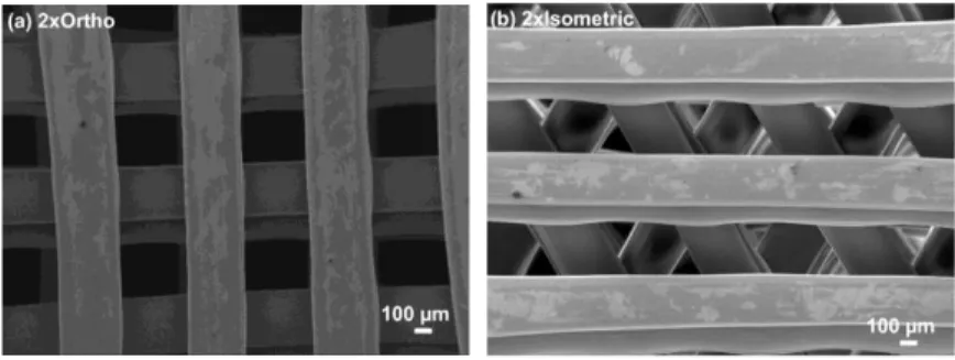 Fig. 2. Low magnification images of the printed scaffolds before mechanical testing (front view): (a) 2xOrtho geometry; and (b) 2xIsometric  geometry