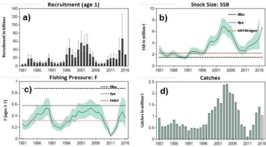 Figure  1-9  Blue  whiting  stock  estimates  from  1981  until  2016:  a)  recruitment  estimates  (billions);  b)  spawning stock biomass estimates (million tonnes) for the blue whiting stock from 1981 until 2016