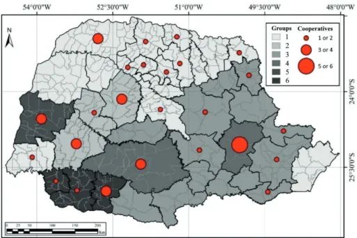 Figure 4 - Groups of microregions specialized in soybean, first crop of maize and second crop of  maize.