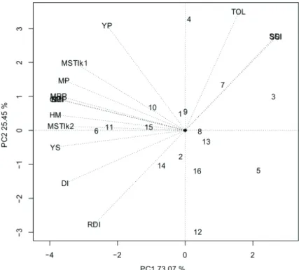 Figura 5.  Relação  entre os índices de seleção  para tolerância à seca no ano de 2014,  pelo  modelo GGE biplot