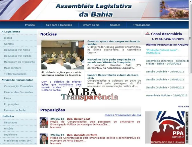 Figura 2: Página Principal do Website da Assembleia Legislativa da Bahia 