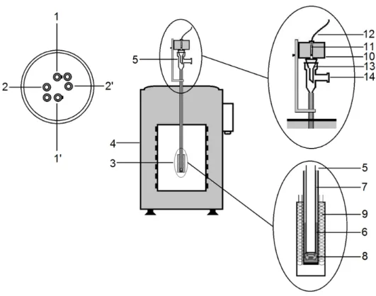 Figure 2.15 Schematic representation of Calvet microcalorimeter at FCUL. (adapted from  references 19 and20): 1, 1’, 2 and 2’), wells; 3) microcalorimetric element; 4) furnace; 5) glass  cell; 6) brass cylinder; 7) teflon tube; 8) brass piece; 9) thermopil