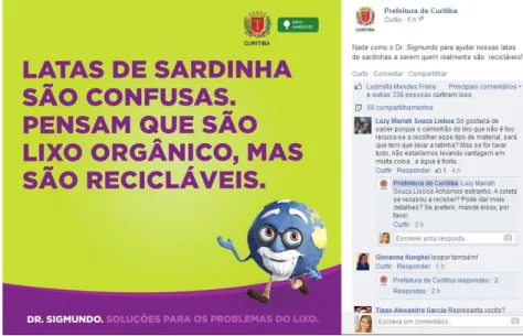 Figura 3 – Postagem da Prefeitura de Curitiba pelo Facebook falando sobre a conscientização da separação de lixo