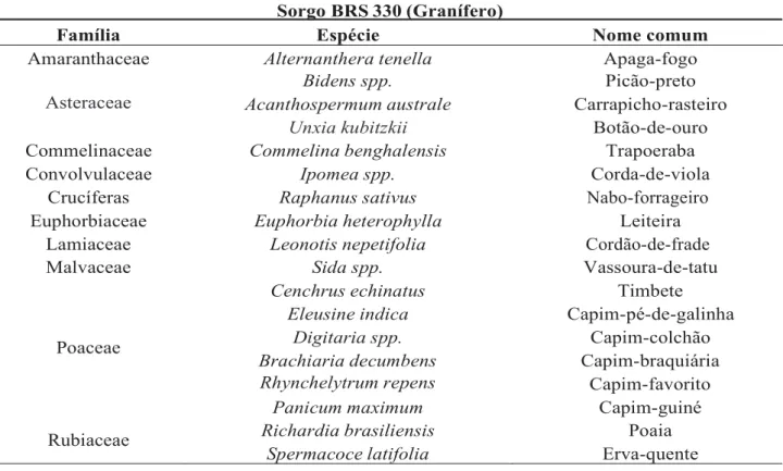 Tabela 4. Relação de espécies de plantas daninhas identificadas na aérea experimental com sorgo granífero  BRS 330 nos dois anos agrícolas