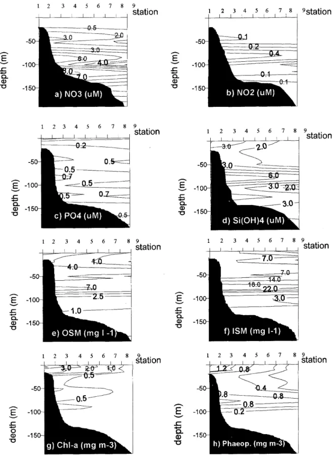 Fig. 9. Vertical distribution of chemical and biological variables during winter (stations x depth)