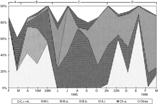 Fig. 8 — Biomasa (mm 3 .L -1 ) de las especies dominantes del fitoplancton (% de la biomasa total) en el estrato superficial de la zona limnética del lago