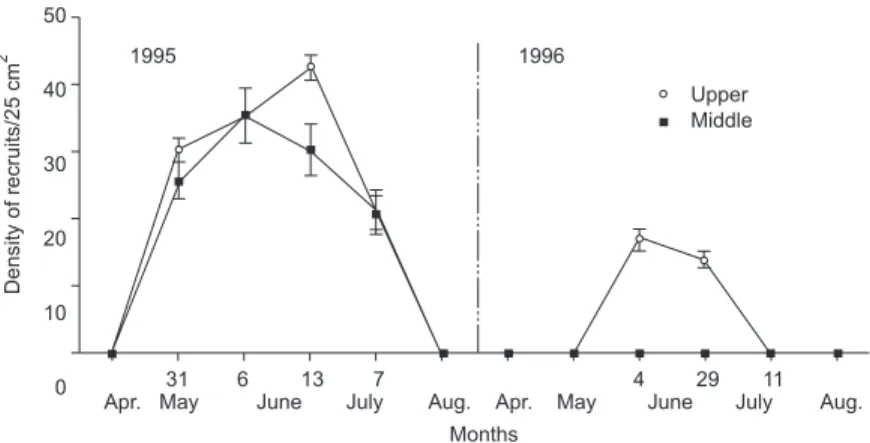 Fig. 4 — Mean (SD) density of recruits barnacles sampled from ten 25 cm 2  quadrats (recruits), at the upper, and middle intertidal levels during 1995 and 1996.