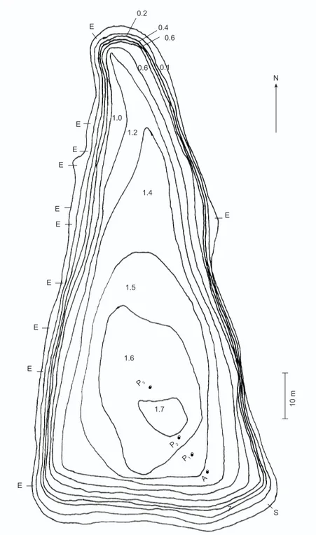 Fig. 1 — Bathymetric map of the pond studied, including location of the aerator (A) and the different sample taking points