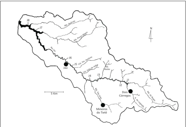 Fig. 2 — Location of sampling sites along the Jaú River (J1-J8).