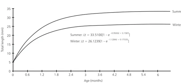 Fig. 4 — Length growth curves for summer and winter male cohorts of Cynopoecilus melanotaenia