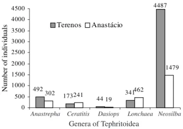 Figure 1. Abundance of frugivorous fly (Tephritoidea) by genera, caught in 36 plastic McPhail traps with food bait, hung in three Citrus groves in Anastácio and Terenos, MS (March, 22, 1994 to March, 23, 1996)