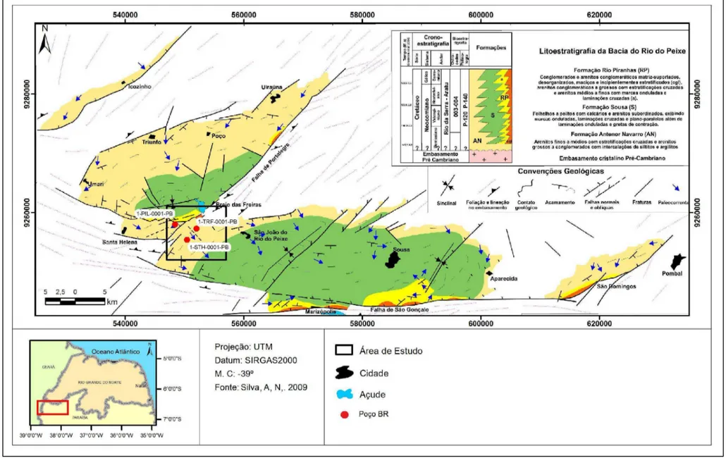 Figura 3.4 - Mapa geológico da BRP, com destaque  para os poços utilizados no presente estudo .(Modificado de Nunes da  Silva 2009).