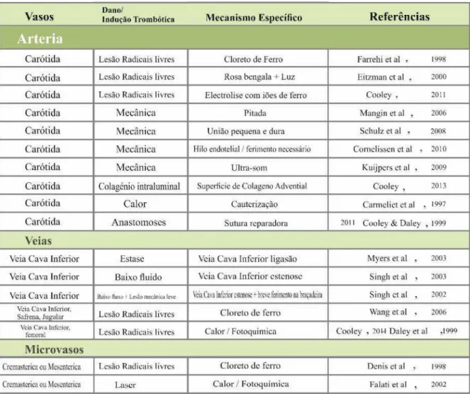 Tabela 3. Modelos de estudos trombóticos por mecanismo e tipo de vaso realizados em murinos (adaptada de Jagadeeswaran et al, 2016)