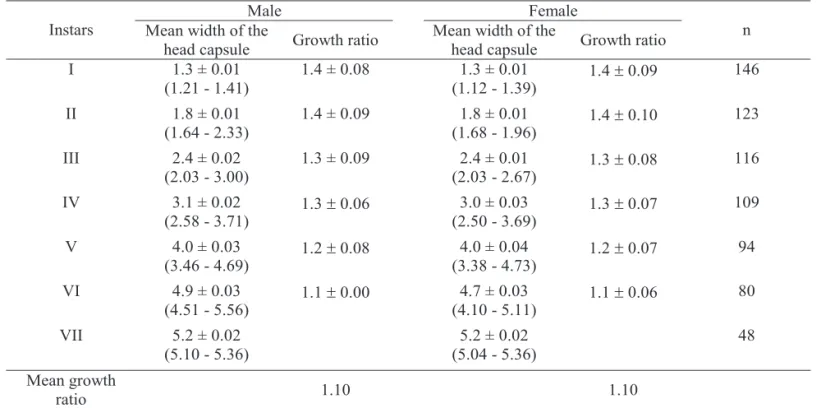 Table 4. Mean width (± SE) of male and female head capsules, with their respective coefficient of variation and growth ratio for each larval instar of H