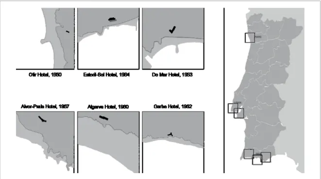 Fig. 3 – General site plans showing the relationship between the hotels and the coast line 