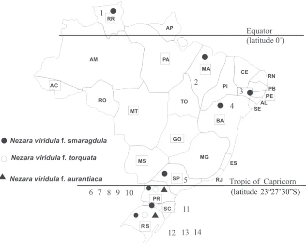 Fig. 1. Geographical distribution of different types of the southern green stink bug, N