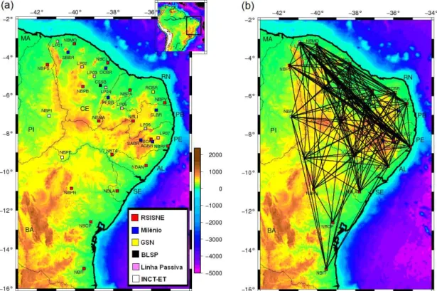 Figura 9. (a) Mapa com a rede de estações usada neste trabalho (33 estações). A figura (b)  mostra  a  cobertura  das  194  correlações  cruzadas  para  o  Nordeste  do  Brasil  para  a  componente  vertical  (ondas  Rayleigh)