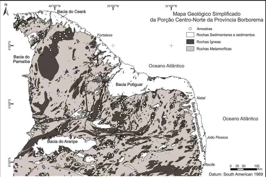 Figura 1  – Mapa geológico simplificado da porção centro-norte da Província Borborema, apresentando localização das amostras coletadas (compilado de Angelim et al