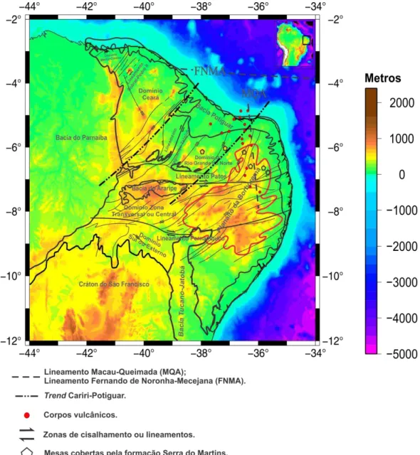 Figura 2.1 - Mapa topográfico da região estudada, contendo as principais feições  geológicas,  do  ponto  de  vista  morfológico  e  estrutural,  como:  o  Planalto  da  Borborema  (em  vermelho);  o  Cráton  do  São  Francisco;  o  lineamento 