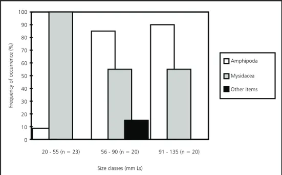 Fig. 3 — Frequency of occurrence (%) and numerical frequency (%) of food items in the diet of three size classes of Umbrina coroides