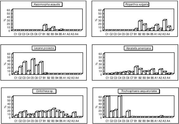 Fig. 5 — Horizontal distribution of the most abundant Rotifera species in the Tucuruí Reservoir (C = Caraipé, B = Araçagi and A = Ararão).