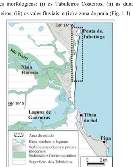 Figura 1.4 - Mapa geomorfológico simplificado do litoral sul do Rio Grande do Norte (modificado de Amaral, 2000).