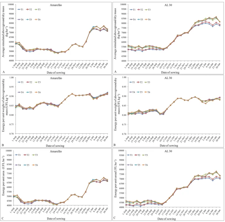 Figure 3.  Average simulated aboveground dry  mass (A),  energy per unit weight of  aboveground dry mass -  EPUWHB (B)  and  energy per unit area -  EPUA (C), for different  nitrogen rates (T1, T2, T3, T4, T5 and T6) and  different  sowing  dates  of the c