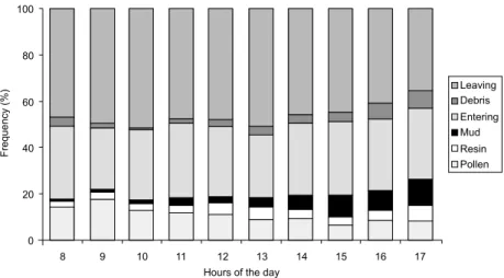 Fig. 4 — Flight activity of Melipona bicolor bicolor in the different hours of the day showing the percentages of bees entering the hive with pollen; resin; mud; nectar, water or without any material (same category); and leaving the hive with debris and wi